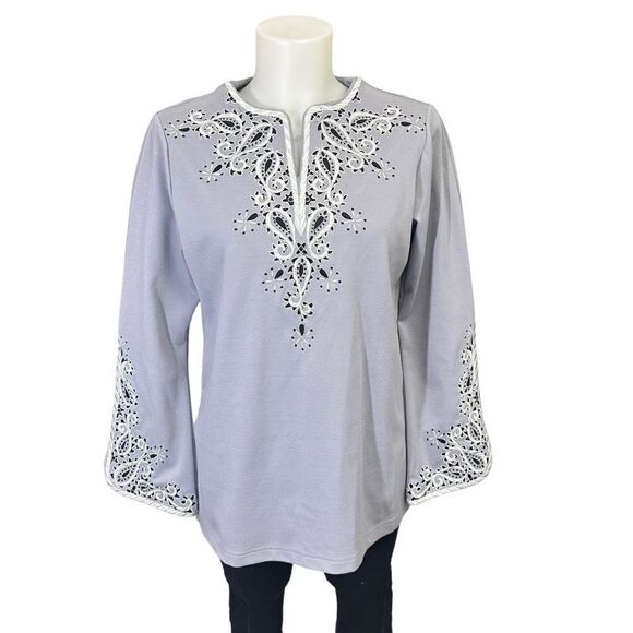 Bob Mackie Wearable Art Gray V Neck Embroidered Tunic Long Sleeves size XS - Picture 1 of 9